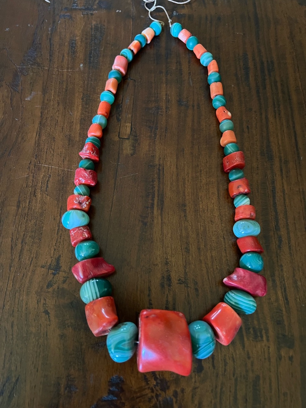 Handcrafted Red Coral and Green Striped Agate Necklace